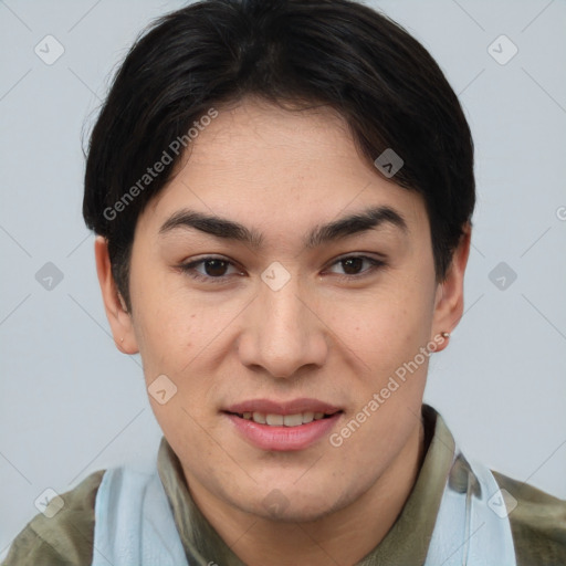 Joyful white young-adult female with short  brown hair and brown eyes