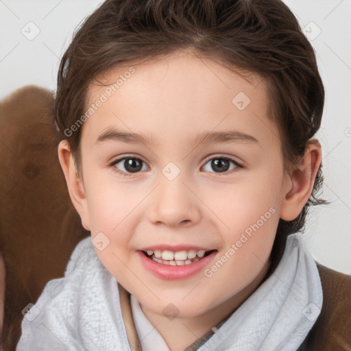 Joyful white child female with short  brown hair and brown eyes