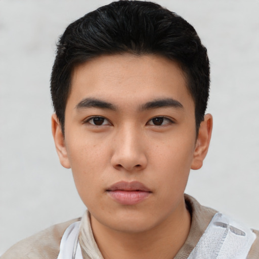 Neutral asian young-adult male with short  black hair and brown eyes