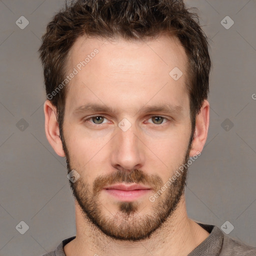 Neutral white young-adult male with short  brown hair and grey eyes