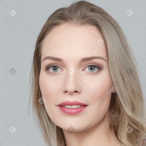 Joyful white young-adult female with long  brown hair and blue eyes