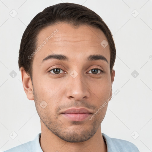 Neutral white young-adult male with short  brown hair and brown eyes