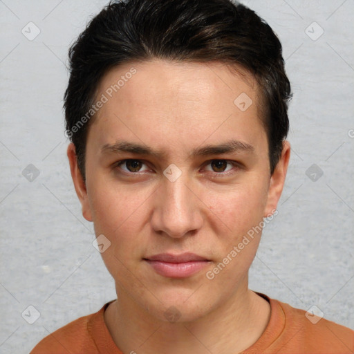 Joyful white young-adult female with short  brown hair and brown eyes