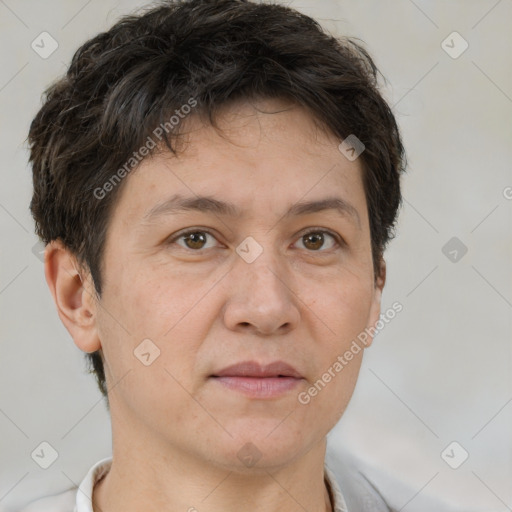 Neutral white adult female with short  brown hair and brown eyes