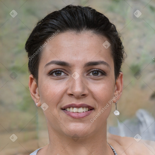 Joyful white young-adult female with short  brown hair and brown eyes