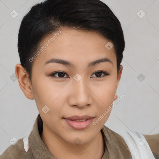 Joyful asian young-adult female with short  brown hair and brown eyes