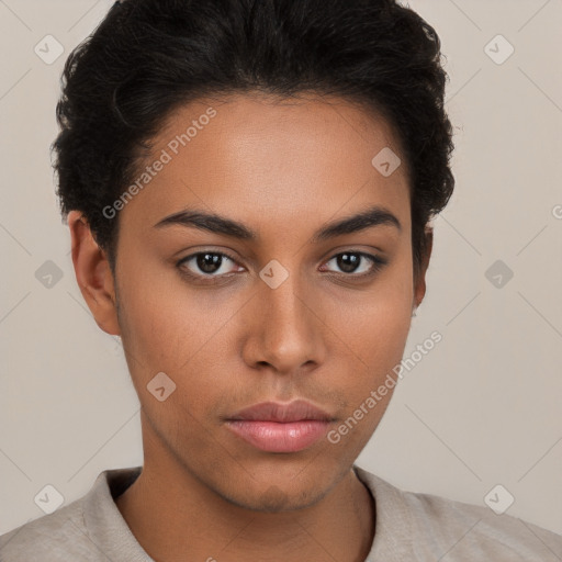 Neutral white young-adult female with short  brown hair and brown eyes