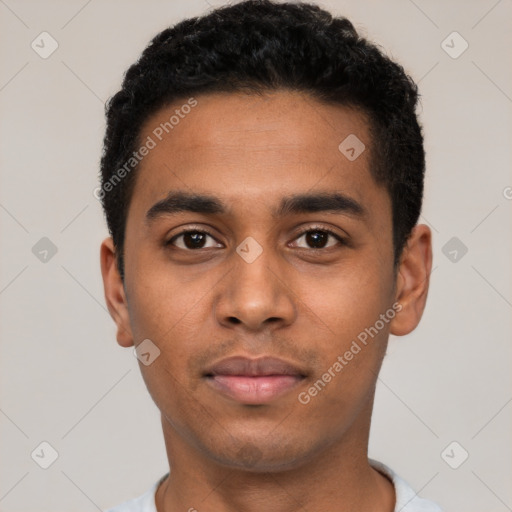 Neutral latino young-adult male with short  black hair and brown eyes