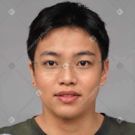 Joyful asian young-adult male with short  black hair and brown eyes
