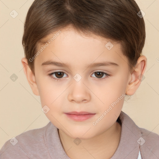 Joyful white child female with short  brown hair and brown eyes