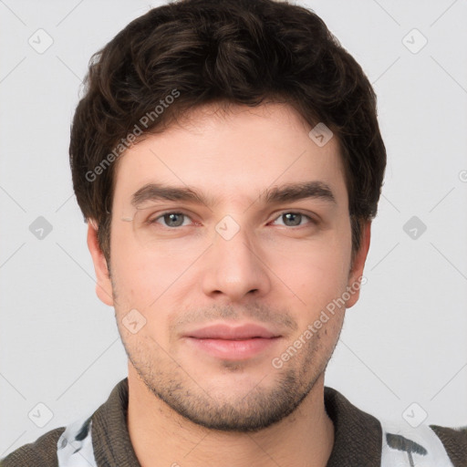 Neutral white young-adult male with short  brown hair and grey eyes