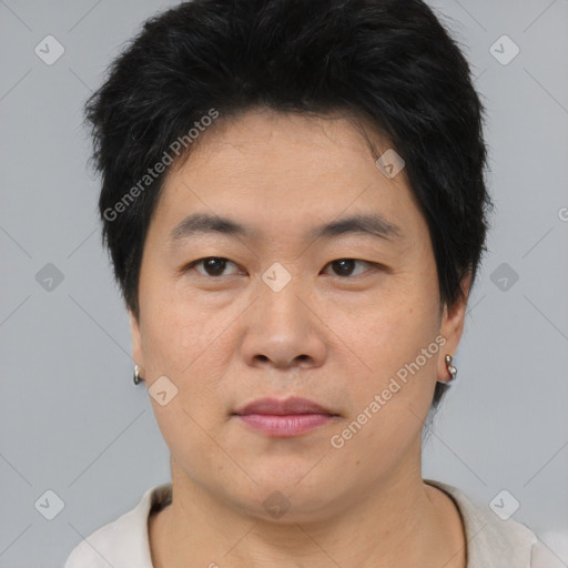 Neutral asian young-adult male with short  brown hair and brown eyes