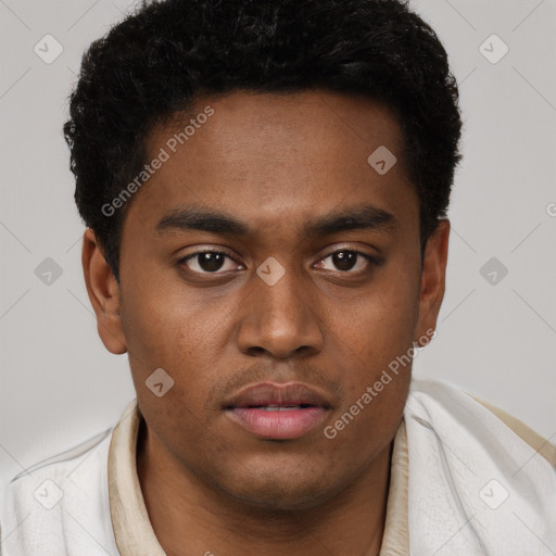 Joyful black young-adult male with short  brown hair and brown eyes