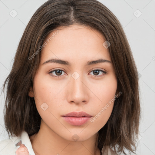 Neutral white young-adult female with medium  brown hair and brown eyes