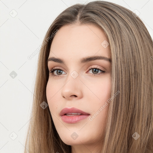 Neutral white young-adult female with long  brown hair and brown eyes