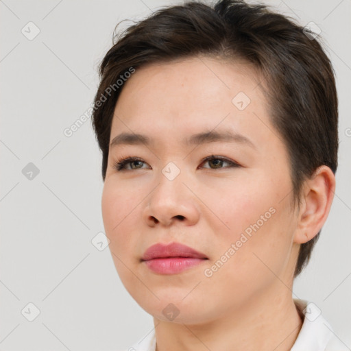 Neutral white young-adult female with short  brown hair and brown eyes