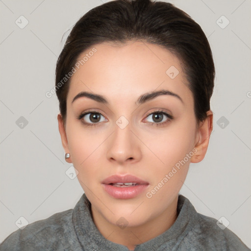 Neutral white young-adult female with short  brown hair and brown eyes