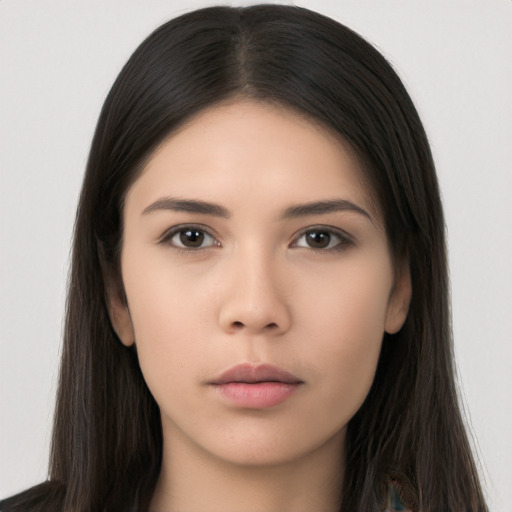 Neutral asian young-adult female with long  black hair and brown eyes