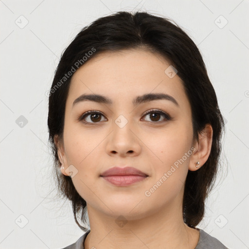 Neutral asian young-adult female with medium  black hair and brown eyes