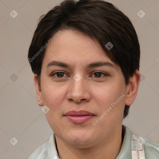 Joyful white young-adult female with short  brown hair and brown eyes