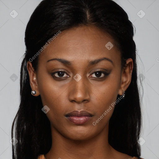 Neutral black young-adult female with long  brown hair and brown eyes