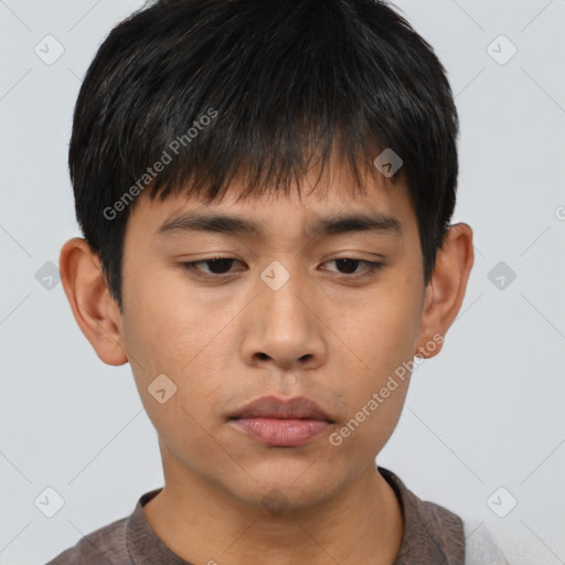 Neutral asian young-adult male with short  brown hair and brown eyes