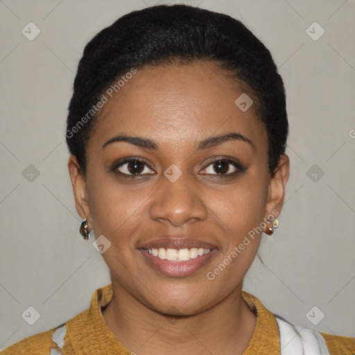 Joyful latino young-adult female with short  black hair and brown eyes