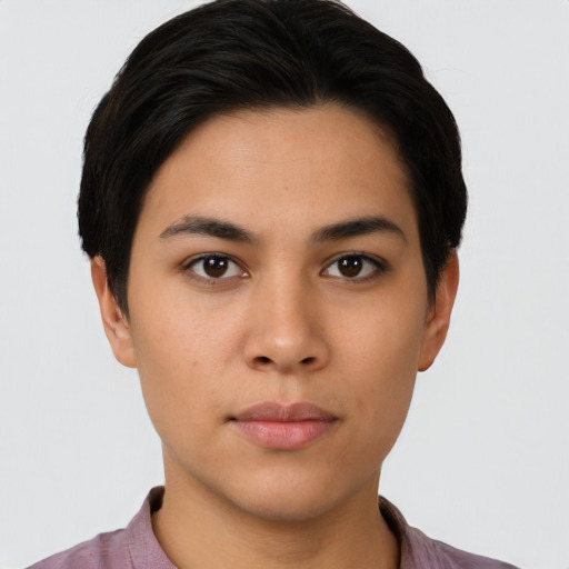 Neutral asian young-adult female with short  black hair and brown eyes