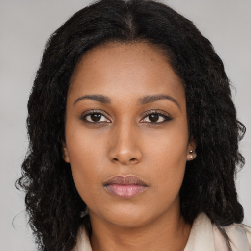 Neutral asian young-adult female with long  black hair and brown eyes