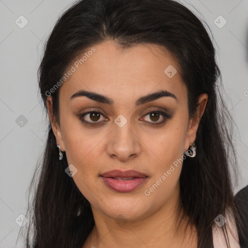 Joyful latino young-adult female with long  brown hair and brown eyes