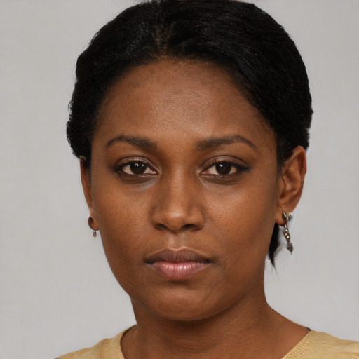 Neutral black young-adult female with short  black hair and brown eyes