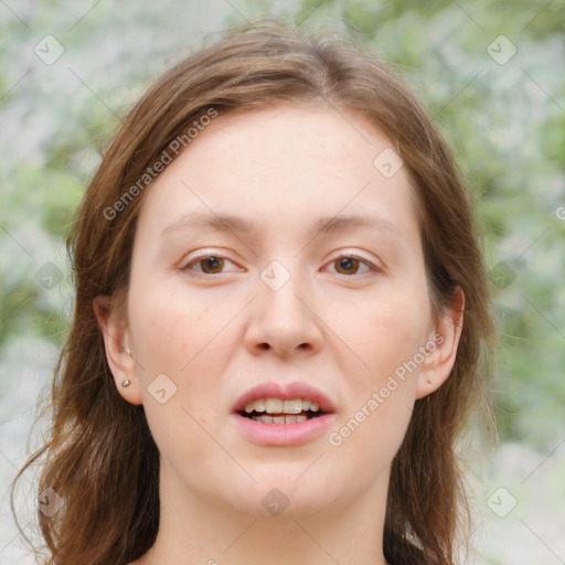 Joyful white young-adult female with medium  brown hair and blue eyes