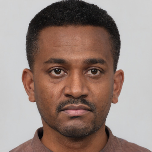 Neutral black young-adult male with short  black hair and brown eyes