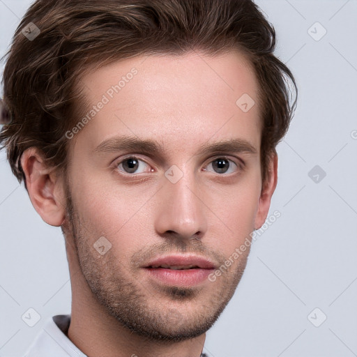 Neutral white young-adult male with short  brown hair and grey eyes