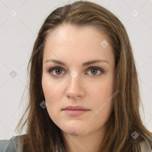 Neutral white young-adult female with long  brown hair and brown eyes