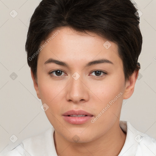 Neutral white young-adult female with short  brown hair and brown eyes