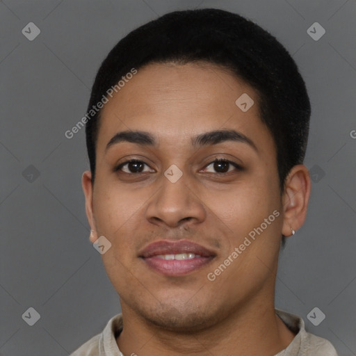 Joyful latino young-adult female with short  brown hair and brown eyes