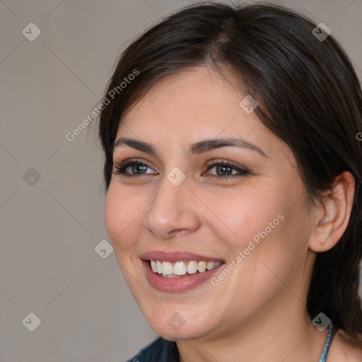 Joyful white young-adult female with medium  brown hair and brown eyes