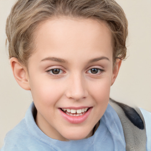 Joyful white child female with short  brown hair and grey eyes