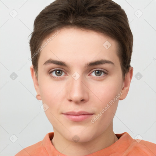 Neutral white young-adult female with short  brown hair and brown eyes