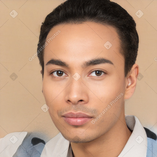 Neutral latino young-adult male with short  black hair and brown eyes