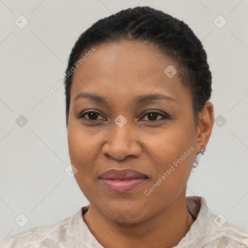 Joyful black adult female with short  black hair and brown eyes