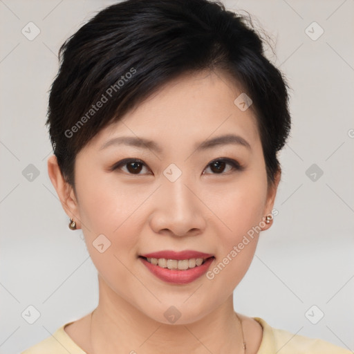 Joyful asian young-adult female with short  brown hair and brown eyes