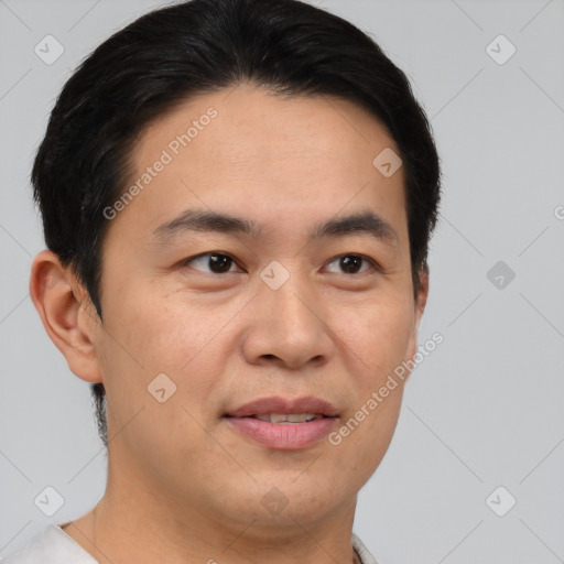Joyful asian young-adult male with short  brown hair and brown eyes