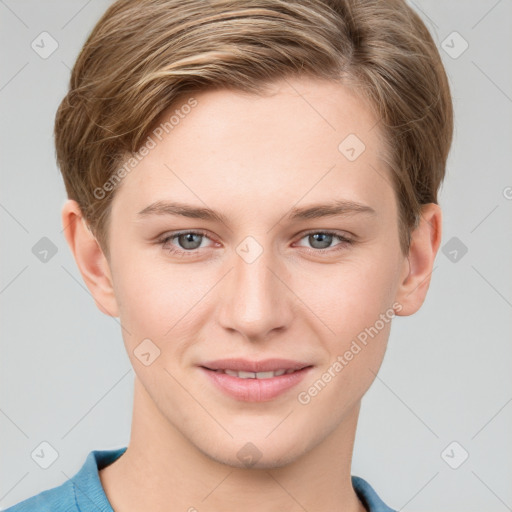 Joyful white young-adult female with short  brown hair and grey eyes