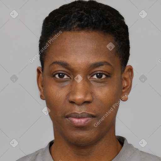 Neutral black young-adult male with short  black hair and brown eyes