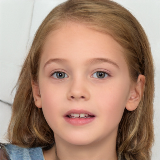 Neutral white child female with medium  brown hair and grey eyes