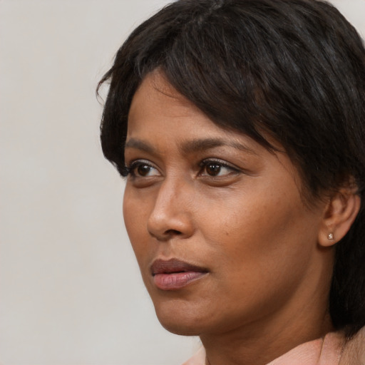 Neutral white young-adult female with short  black hair and brown eyes