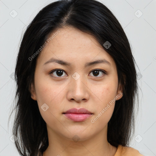 Neutral asian young-adult female with medium  brown hair and brown eyes