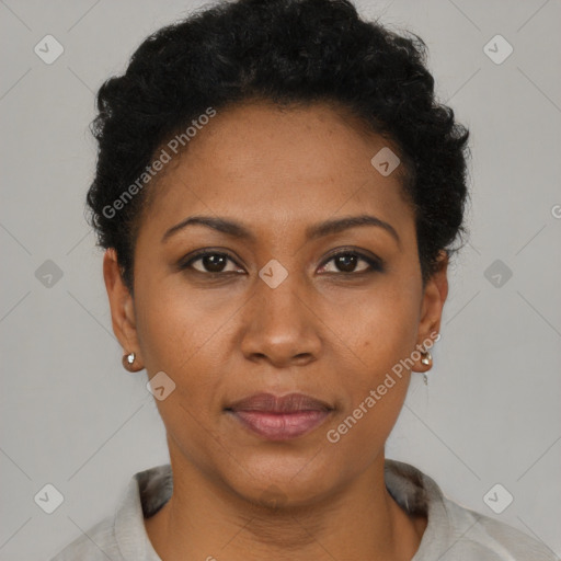 Joyful black adult female with short  black hair and brown eyes